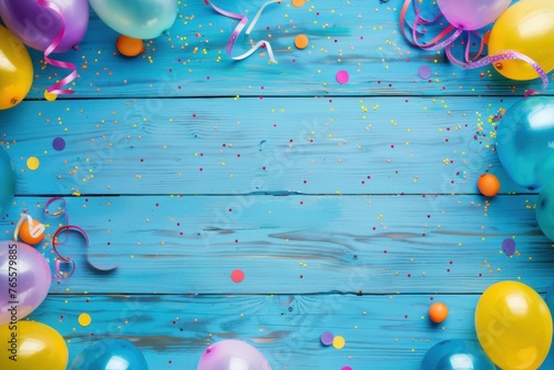 Bright colorful carnival or party frame of balloons, streamers and confetti on a wooden background, copy space.