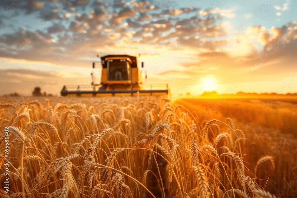 Fototapeta premium Combine harvester harvests ripe wheat