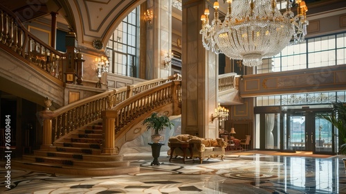 a grand hotel lobby displaying a majestic chandelier