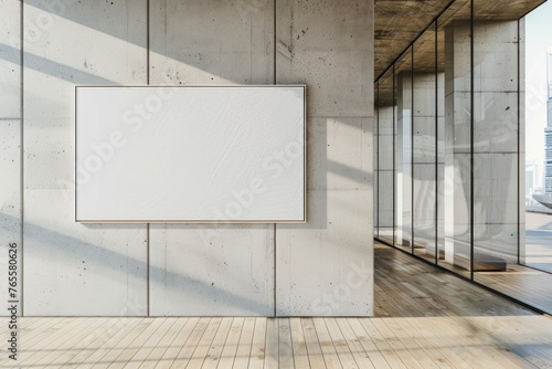 Contemporary concrete interior with empty banner, Modern light concrete and glass office
