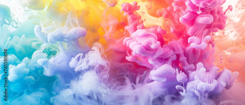 Fondo abstracto con humo de diferentes colores formando figuras geométricas en colores azules, verdes, rosas, amarillos y violetas 