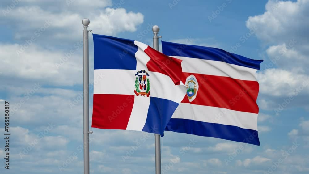 Costa Rico and Dominican two flags waving together, looped video, two country cooperation concept Costa Rico and Dominican two flags waving together, looped video, two country cooperation concept