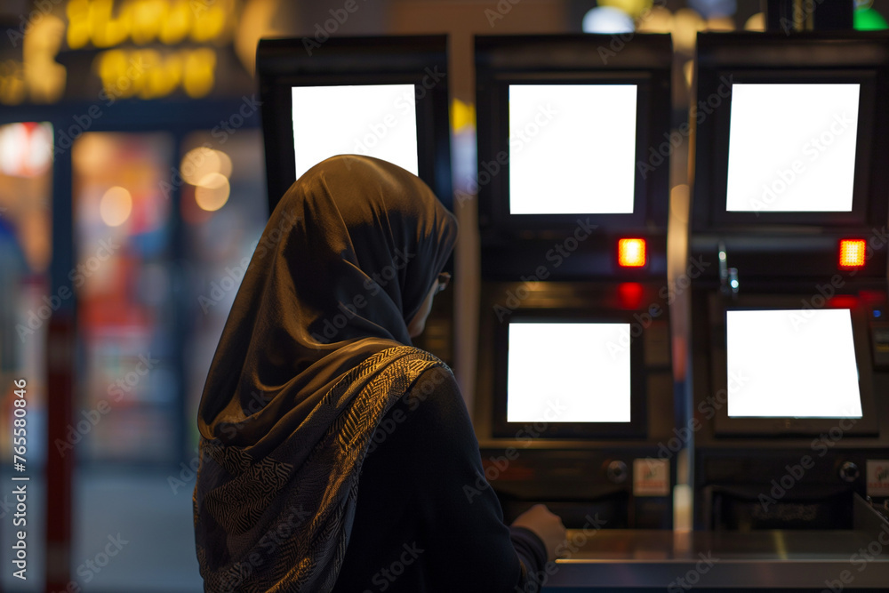 A Muslim woman uses a self-service counter at a fast food restaurant with a blank screen A Muslim woman uses a self-service counter at a fast food restaurant with a blank screen