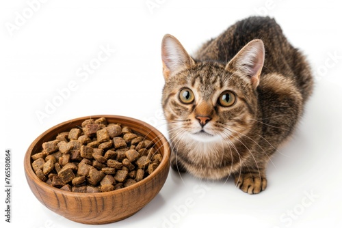 little cat next to a bowl of food looking up on white background