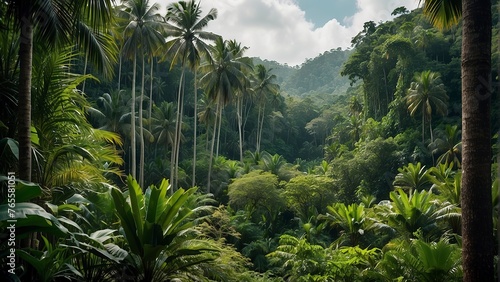 tropical forest in the jungle  tropical jungle with tropical green trees  green tropical landscape