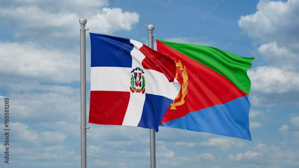 Eritrea and Dominican two flags waving together, looped video, two country cooperation concept Eritrea and Dominican two flags waving together, looped video, two country cooperation concept