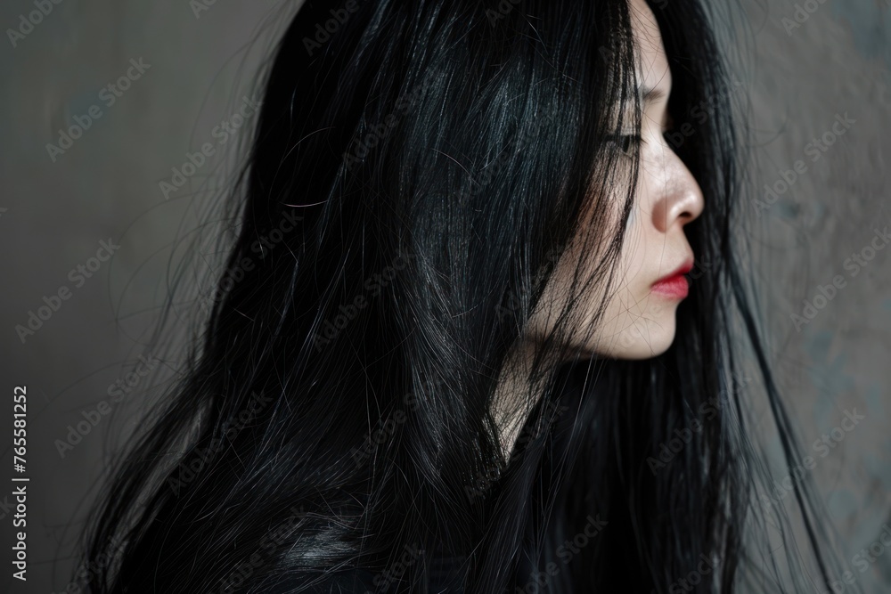 dramatic half profile portrait of an asian woman with long black hair