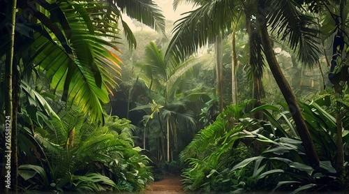 tropical forest in the jungle  tropical jungle with tropical green trees  green tropical landscape