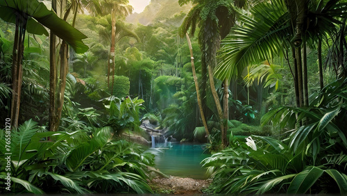 tropical forest in the jungle  tropical jungle with tropical green trees  green tropical landscape