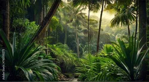 tropical forest in the jungle  tropical jungle with tropical green trees  green tropical landscape