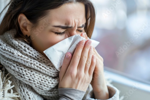 Flu. A sick man is blowing her nose into a tissue