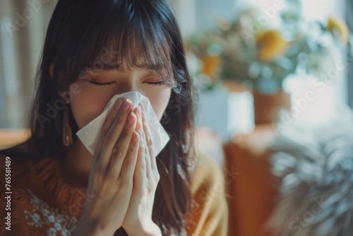 Flu. A sick man is blowing her nose into a tissue