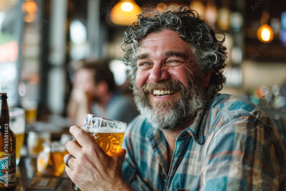 Funny excited middle aged man drinks a beer Funny excited middle aged man drinks a beer