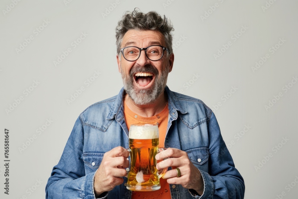 Funny excited middle aged man drinks a beer Isolated on white background Funny excited middle aged man drinks a beer Isolated on white background