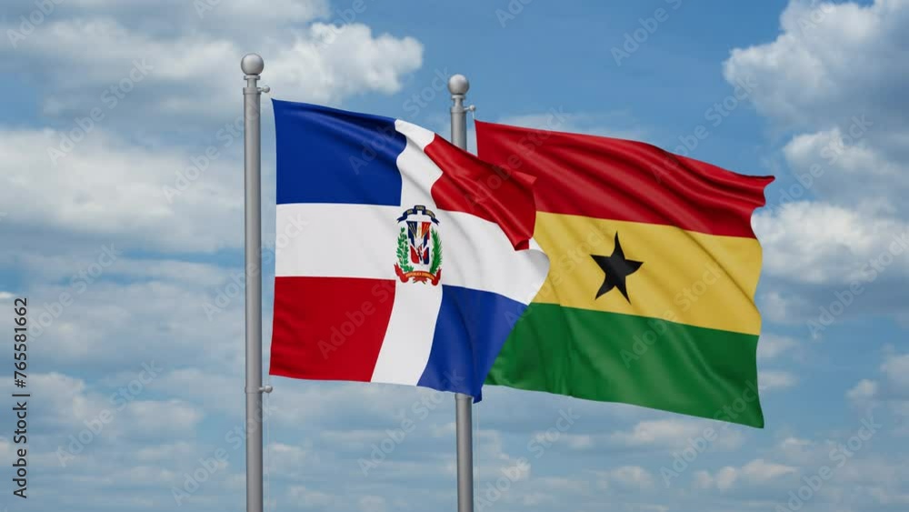 Ghana and Dominican two flags waving together, looped video, two country relations concept Ghana and Dominican two flags waving together, looped video, two country relations concept