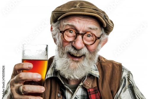 Funny excited middle aged man drinks a beer Isolated on white background