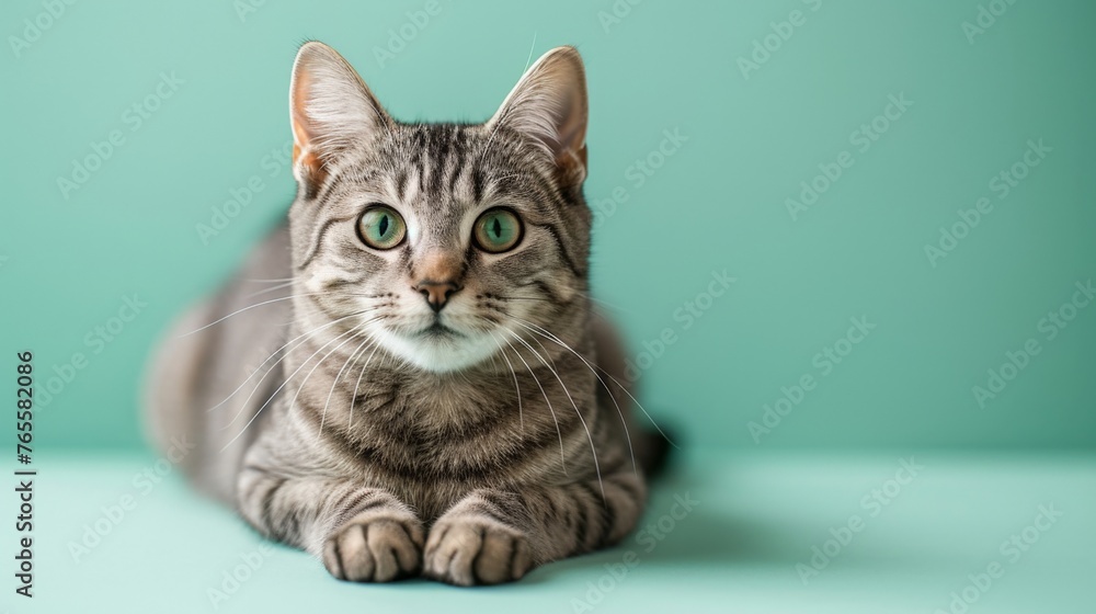 Portrait of a Gray Tabby Cat Gazing at the Camera Against a Turquoise Background