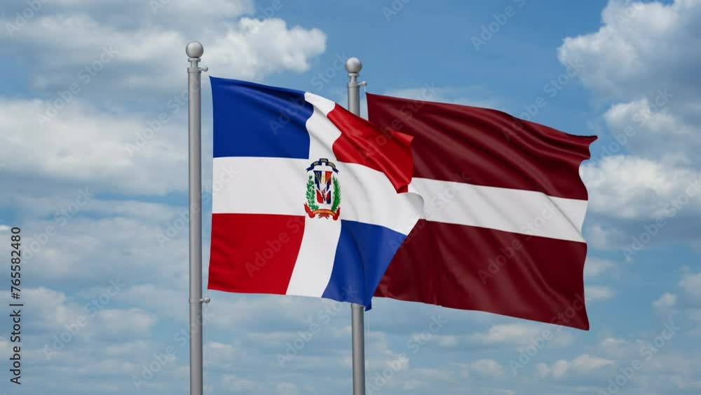 Latvia and Dominican two flags waving together, looped video, two country cooperation concept Latvia and Dominican two flags waving together, looped video, two country cooperation concept