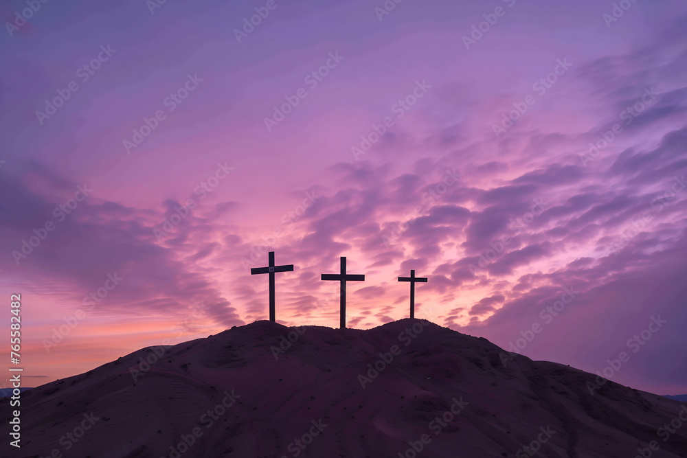 Obraz premium Three christian crosses on the mountain at sunrise, the crucifixion of Jesus Christ