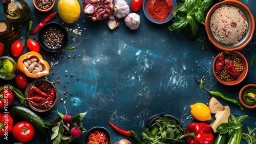 Assorted fresh ingredients on a dark surface - Top view of fresh herbs, spices, and vegetables spread out on a dark surface, perfect for food blogs