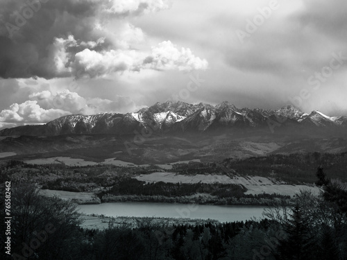 High Tatras from Gorce mountains. Black and White.