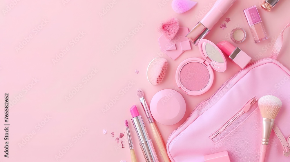 A pink makeup bag with cosmetic beauty products spilling out on to a pastel colored background, with empty space at side