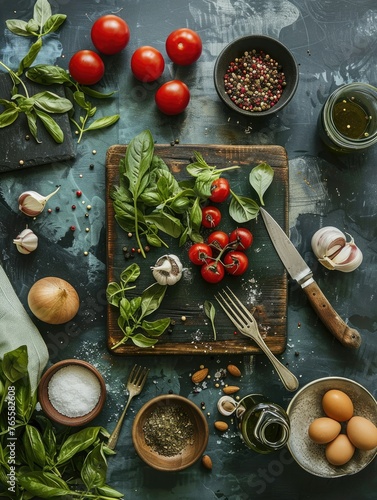Dark moody kitchen scene with fresh ingredients - Rustic kitchen scene with a wooden chopping board, ripe tomatoes, basil, eggs, and spices for cooking