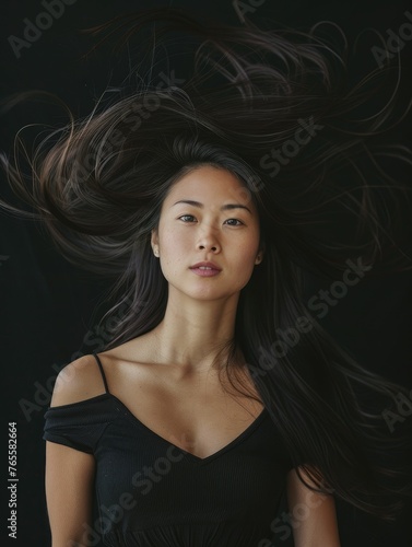 Expressive portrait with dynamic hair movement - A captivating image of an Asian woman with her hair dramatically swirling around her