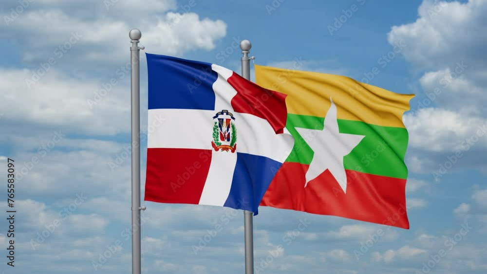 Myanmar aka Burma and Dominican two flags waving together, looped video, two country relations concept Myanmar aka Burma and Dominican two flags waving together, looped video, two country relations concept