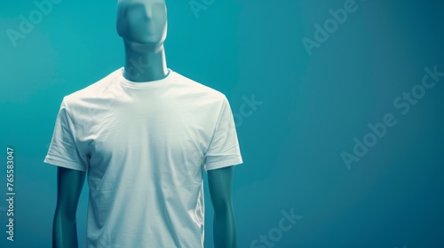 Mannequin with plain white t-shirt against a soft blue background, showcasing minimalist fashion design, Concept of simplicity and clothing display
