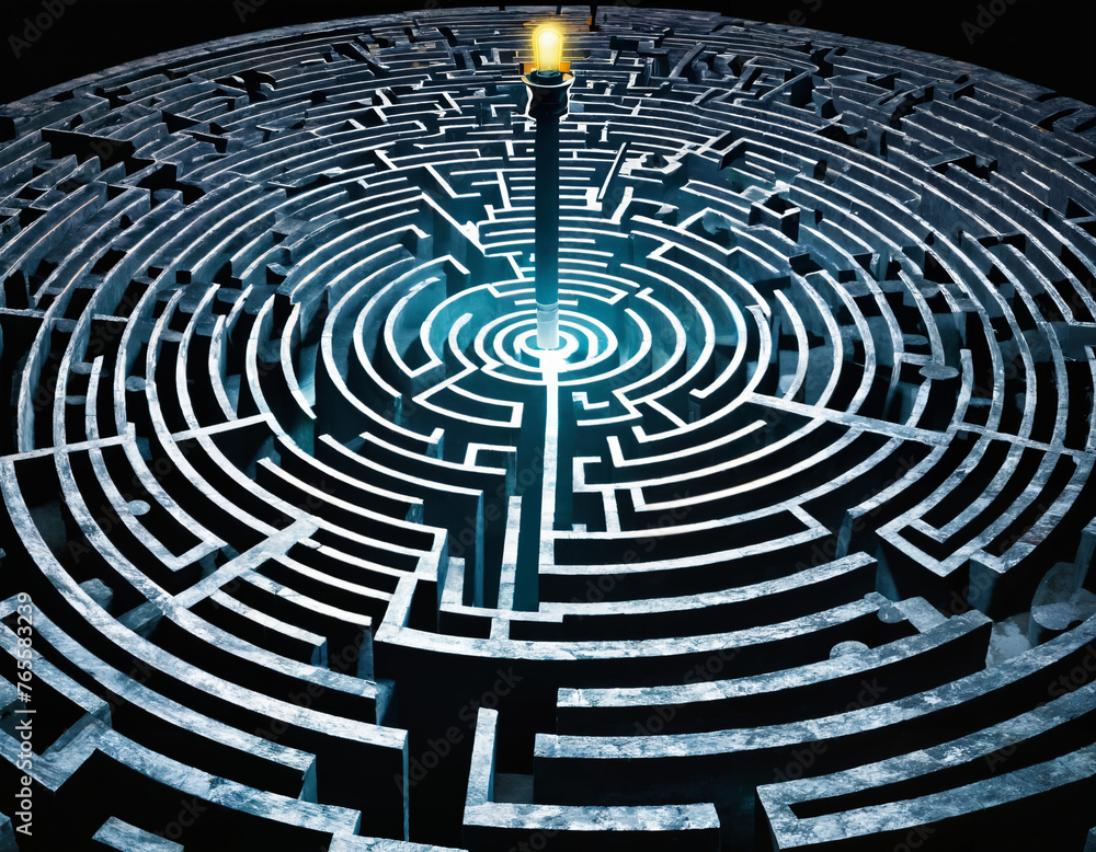 A labyrinth with a light at the end, portraying the journey of navigating challenges towards success in business - obrazy, fototapety, plakaty 