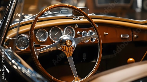 Wooden and steel steering wheel in luxury retro cabriolet car with beige leather interior parked in garage © Lucky Ai
