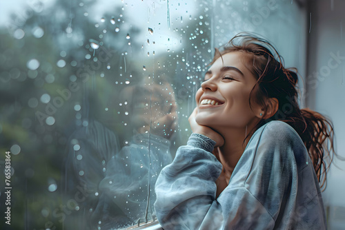 A woman on her balcony during a rainy day, hugging her knees and smiling, as raindrops streak the glass barrier. The grey, misty background contrasts with the warmth of her smile. photo