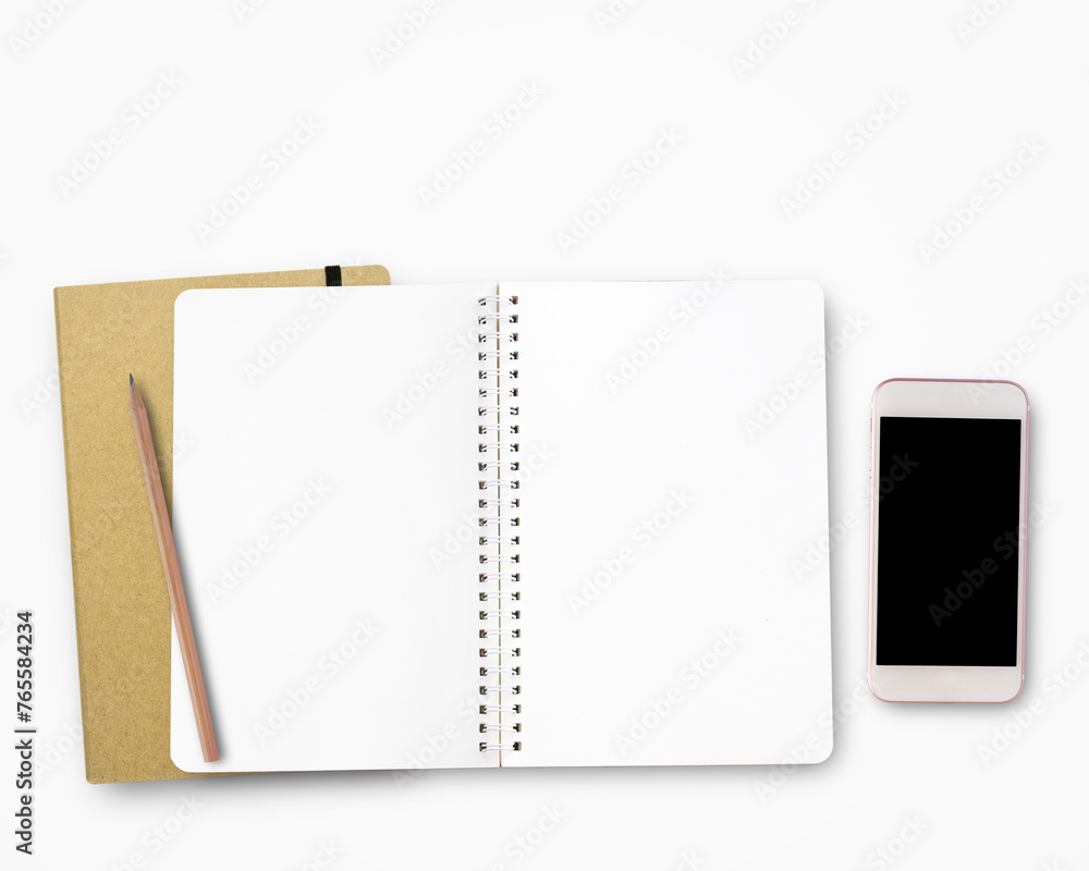Blank notebook and red alarm clock on work space. Office desk for business concept. Blank notebook and red alarm clock on work space. Office desk for business concept.