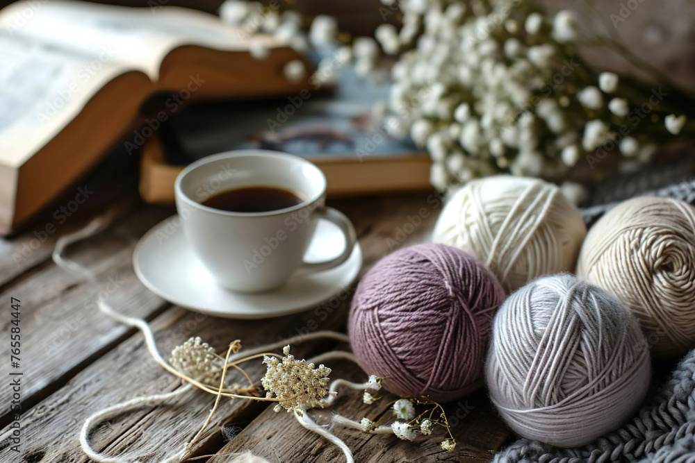 woolen yarn balls, books, a cup of coffee and flowers on a rustic wooden table, top view, still life woolen yarn balls, books, a cup of coffee and flowers on a rustic wooden table, top view, still life