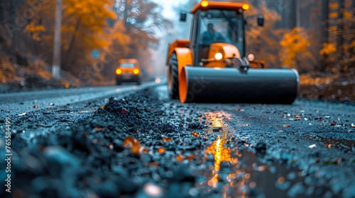 A road roller is grinding a road under construction