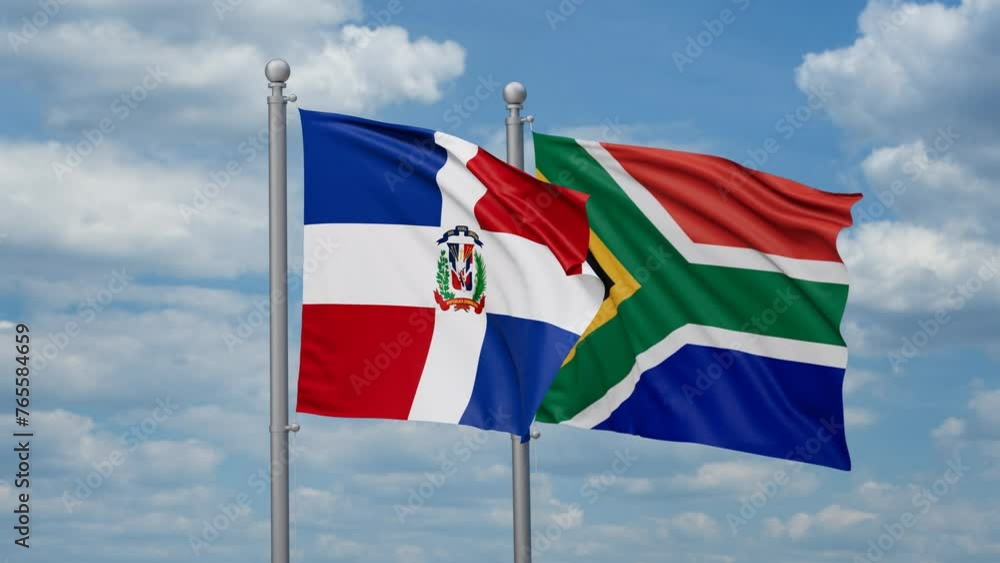 Republic of South Africa and Dominican two flags waving together, looped video, two country cooperation concept Republic of South Africa and Dominican two flags waving together, looped video, two country cooperation concept