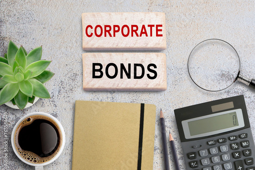 CORPORATE BONDS, Text on notebook in office desk workplace background. photo