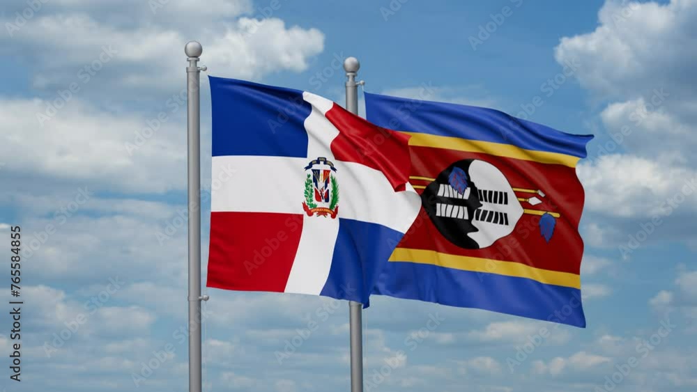 Eswatini aka Swaziland and Dominican two flags waving together, looped video, two country cooperation concept Eswatini aka Swaziland and Dominican two flags waving together, looped video, two country cooperation concept