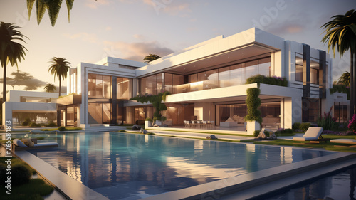 A sleek modern mansion with clean lines and expansive windows, surrounded by manicured gardens and a sparkling pool. © Riffi artist