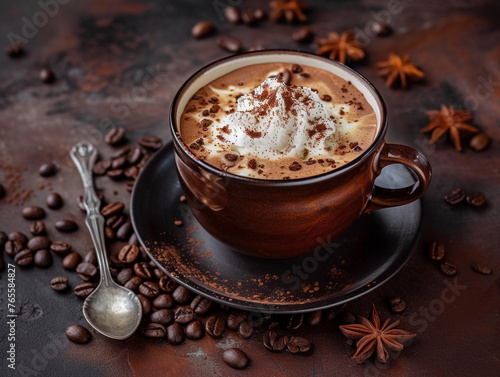 Spiced Coffee with Whipped Cream in Rustic Cup