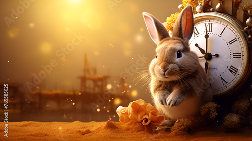 Rabbit Sitting in Field of Flowers witha big clock and flower in background a rabbit stand in sand  photo