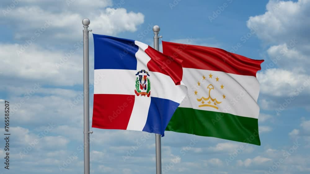 Tajikistan and Dominican two flags waving together, looped video, two country cooperation concept Tajikistan and Dominican two flags waving together, looped video, two country cooperation concept