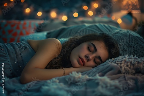 young woman sleeping in her bed peacefully