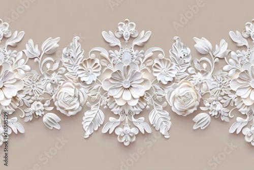 Vintage lace ribbon with floral ornament, white lacy border pattern on neutral background, elegant vector decoration for wedding invitation card design 