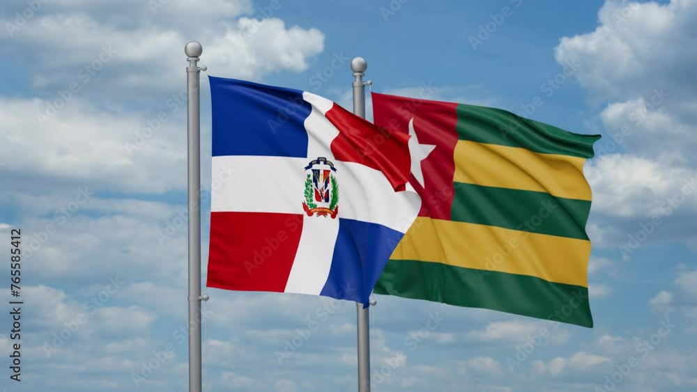 Togo, Togolese Republic and Dominican two flags waving together, looped video, two country cooperation concept Togo, Togolese Republic and Dominican two flags waving together, looped video, two country cooperation concept