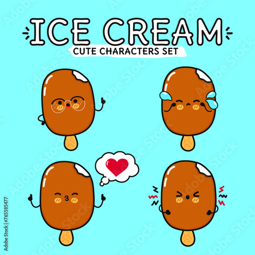 Funny cute happy Ice cream sundae characters bundle set. Vector hand drawn doodle style cartoon character illustration. Isolated on blue background. Ice cream sundae mascot character collection