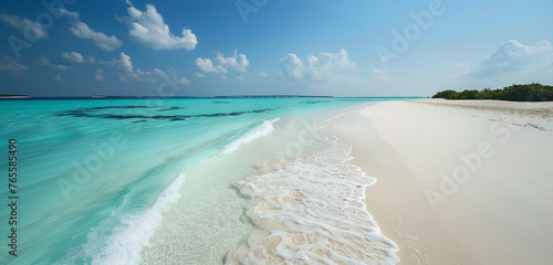 A pristine white sand beach stretching as far as the eye can see, with turquoise waters lapping at the shore, embodying the purity of paradise
