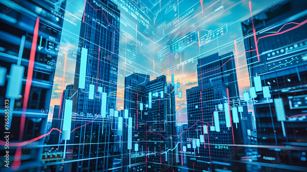 Double Exposure of City Skyline and Financial Market Analysis, Business Investment and Stock Exchange Concept