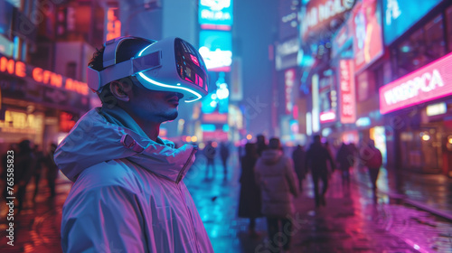 Futuristic Cityscape at Dusk with Pedestrians Wearing Glowing VR AR Headsets Surrounded by Neon Lights, Creating a Cinematic and Urban Sci-Fi Concept